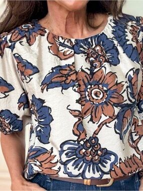 Elowyn Floral Short-Sleeve Blouse — Blue & Brown